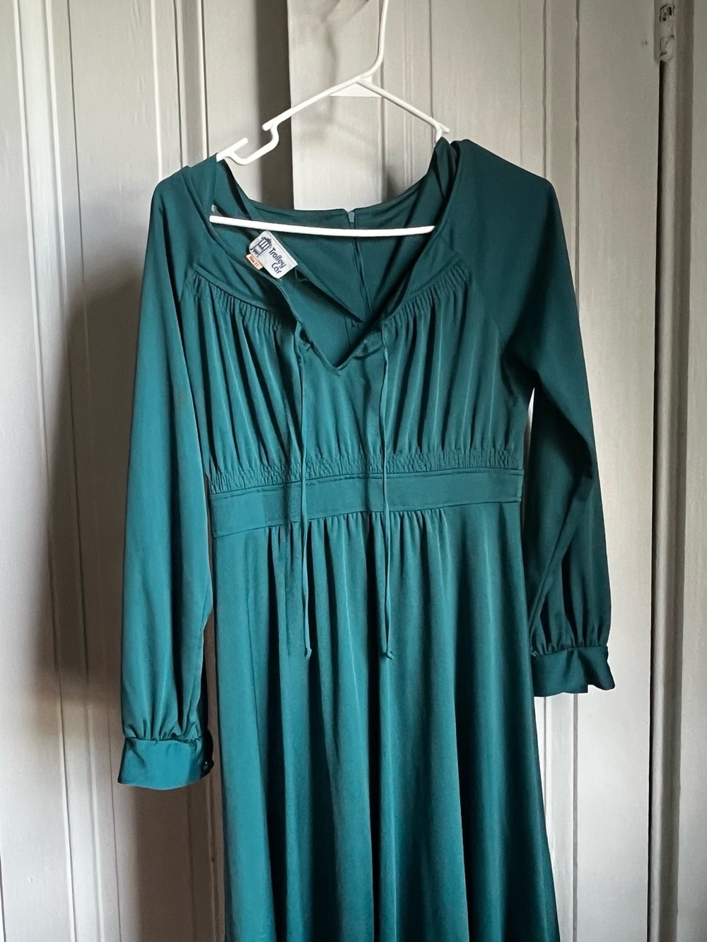 Women's Teal V-Neck Midi Dress with Gathered Waist